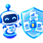 Blue AI assistant beside a shield protecting company documents and a padlock.
