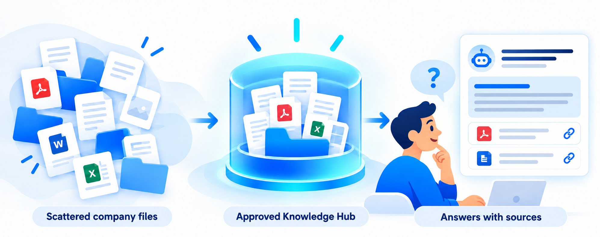 Scattered company files become an approved Knowledge Hub that gives an employee answers with source links.