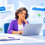 Illustration of a small business owner reviewing email beside a calendar and clock.