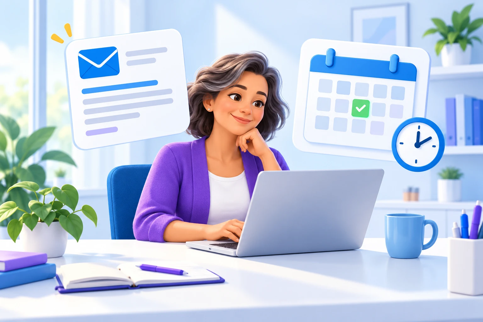 Illustration of a small business owner reviewing email beside a calendar and clock.