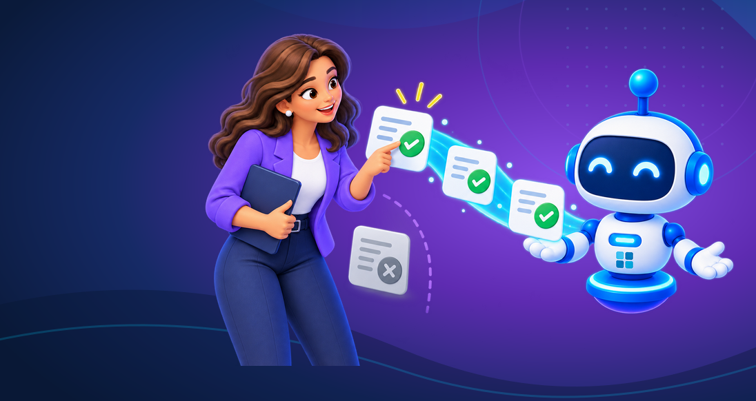 A business professional selects approved documents for an AI assistant, leaving an unapproved document aside.