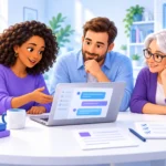 Three coworkers learn to use an AI tool together at a laptop during a relaxed office training session.