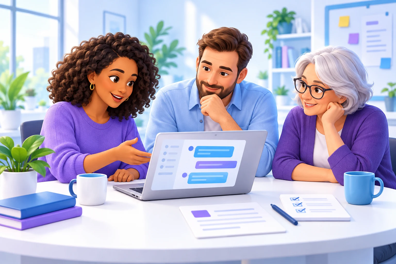 Three coworkers learn to use an AI tool together at a laptop during a relaxed office training session.